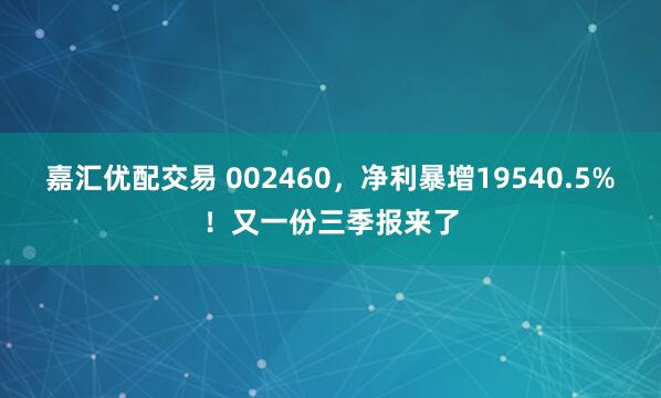 嘉汇优配交易 002460，净利暴增19540.5%！又一份三季报来了